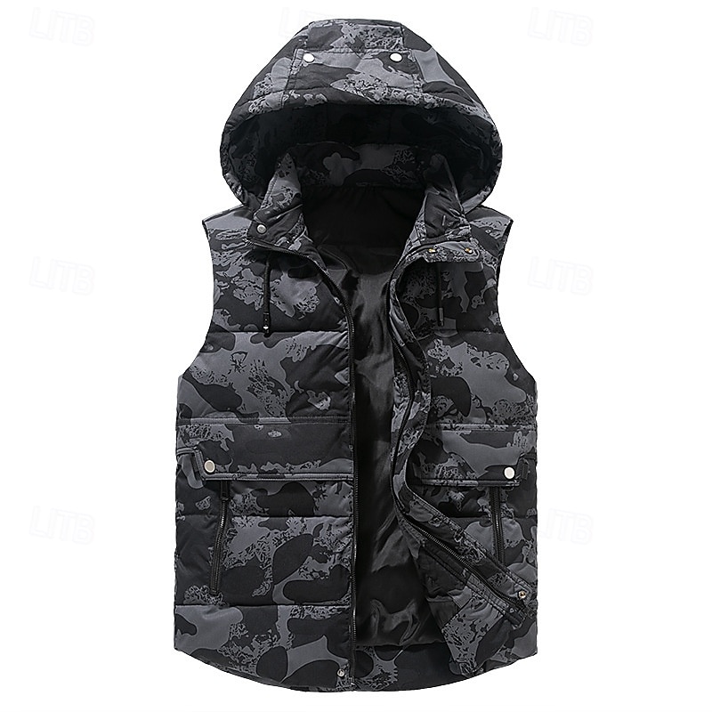 Men's Puffer Vest Vest Gilet Vacation Daily Date Fashion Casual Winter Pocket Polyester Warm Comfortable Solid Color Camouflage Zipper Hooded Regular Fit Black Dark Gray Beige Gray Vest