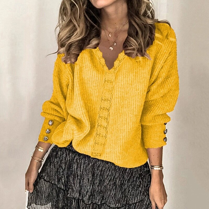 Women's Sweater Fashion Solid Color Ribbed V Neck Knitted Long Sleeve Regular Tops Knit Holiday Going out Weekend Black Yellow Fall