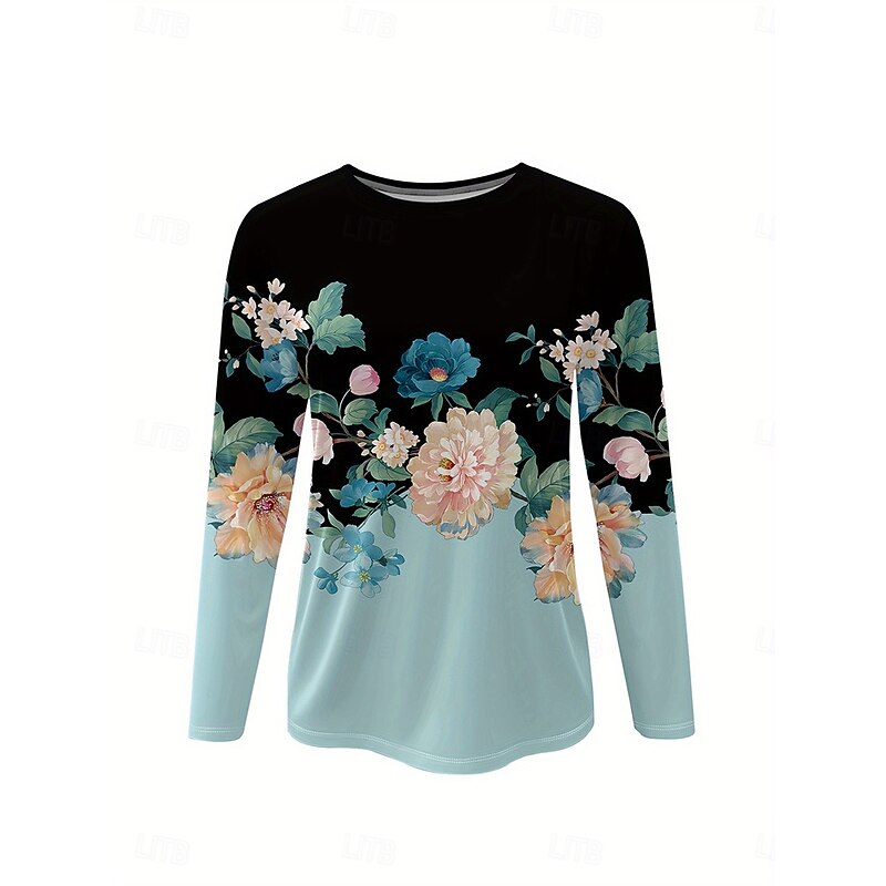 Women's T Shirt Floral Graphic Plants Vintage Stylish Classic Long Sleeve Crew Neck Round Neck Regular Tops Daily Print Light Blue Spring Fall Winter2