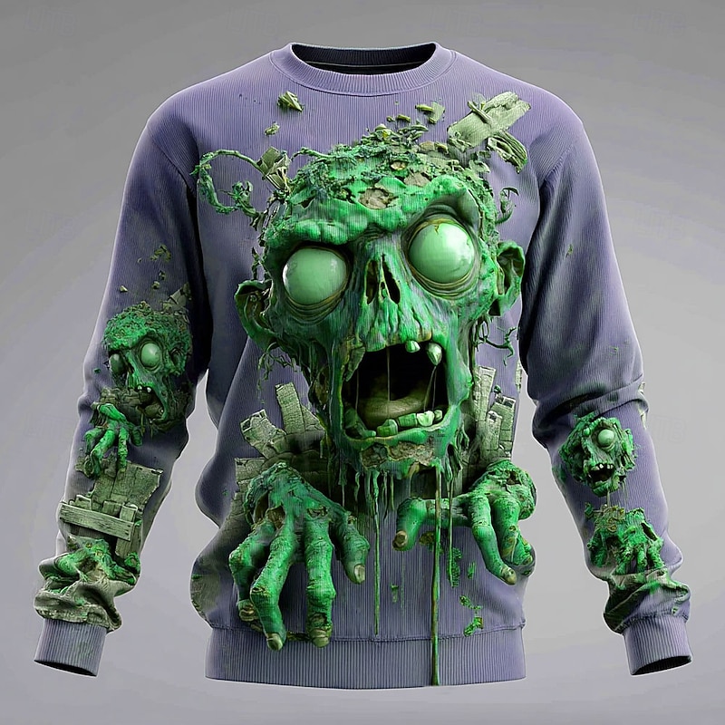 Halloween Men's Cool Skulls Pullover Sweater Jumper Knitwear Crewneck Casual Vacation Daily Festival 3D Print Keep Warm Long Sleeve Spring Fall Winter Dark Green Purple Green3