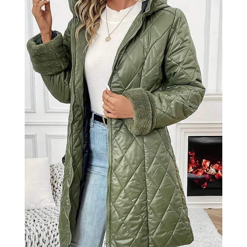 Women's Parka Warm Comfortable Zipper Pocket Fashion Outdoor Plain Going out Weekend Zipper Long Hooded Regular Fit Long Sleeve Outerwear Green Apricot Fall Winter4