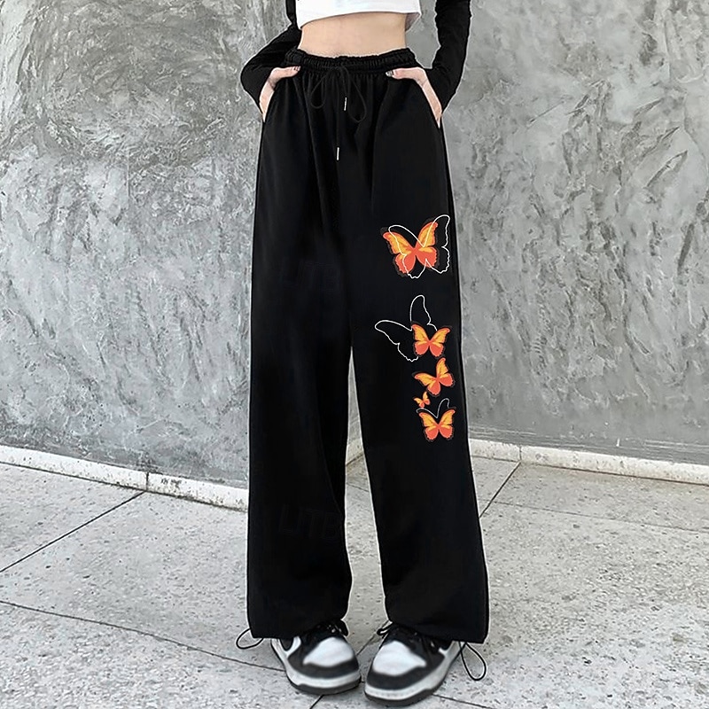 Women's Wide Leg Pants Sport  Sweatpants Sports Lounge Pants Pocket High Waist Bottoms Athleisure Gym Workout Fall Cotton Fashion Outdoor Sports Running Loose Fit Sportswear Activewear Butterfly