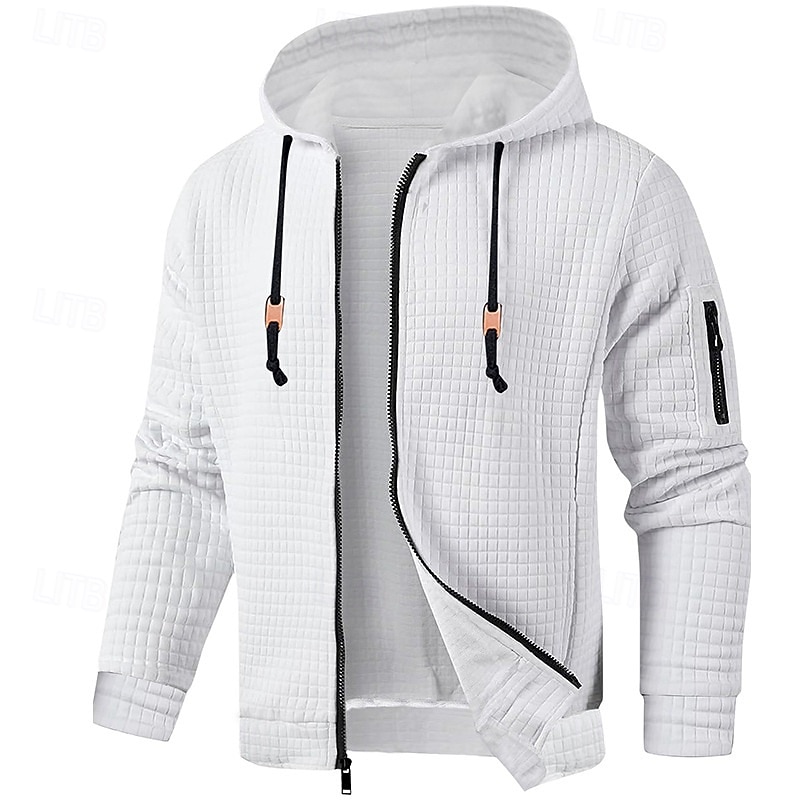 Men's Hoodie Full Zip Hoodie Waffle Hoodies Wine Red Black White Army Green Navy Blue Hooded Plain Zipper Sports & Outdoor Casual Daily Polyester Streetwear Cool Sportswear Spring &  Fall Clothing3