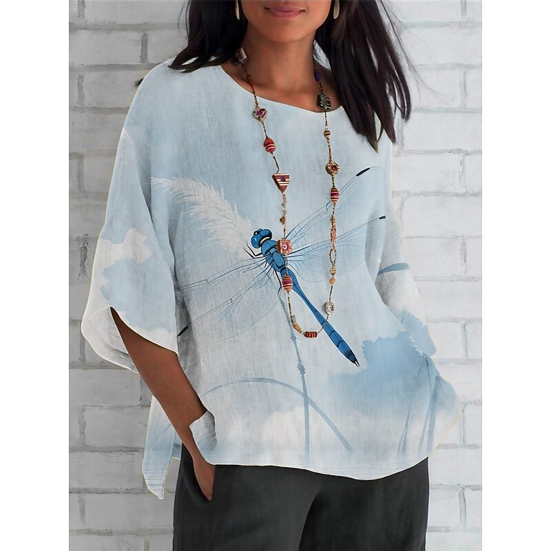 Women's Shirt Dragonfly Daily Casual 3/4 Length Sleeve Crew Neck Regular Tops Daily Holiday Print White Blue Sky Blue Light Blue Summer Spring Fall2