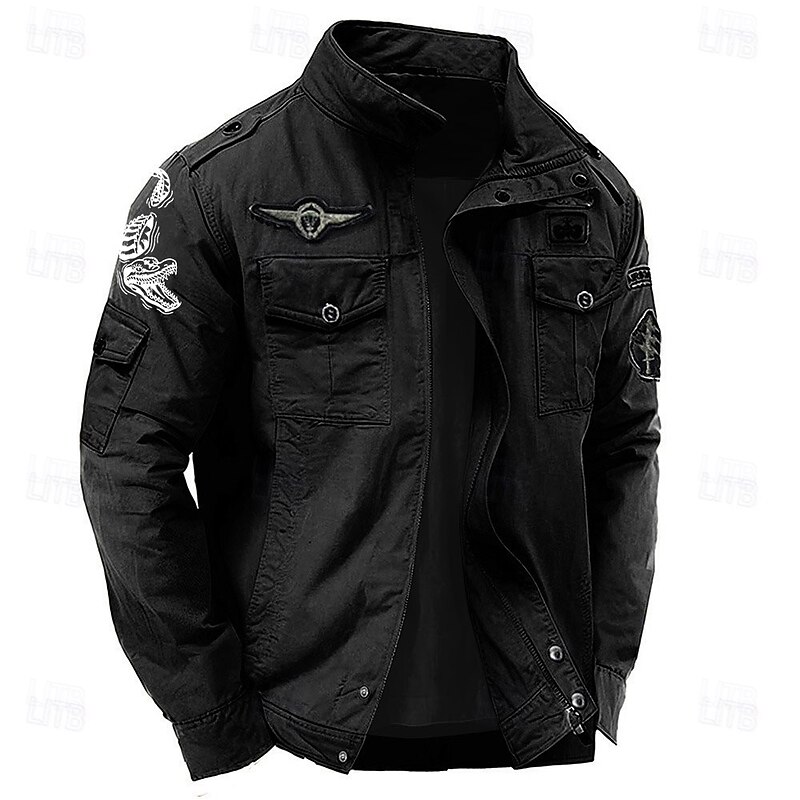 Men's Cotton Embroidered Military Jacket Windbreaker with Shoulder Straps Long Sleeve Standing Collar Multi-Pockets Trucker Jacket Crocodile Print Tactical Outerwear