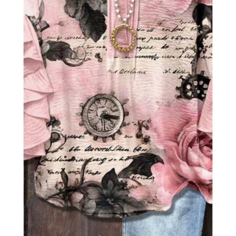 Women's T Shirt Floral Fashion Modern 3/4 Length Sleeve V Neck Regular Tops Daily Ruffle Print Pink Summer2