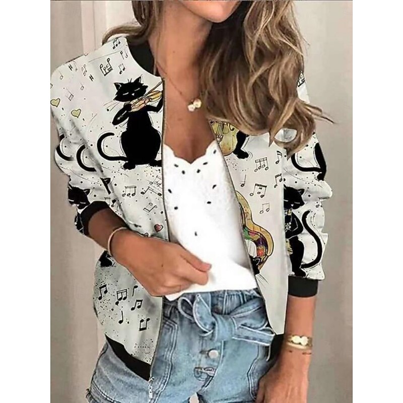 Women's Bomber Jacket Casual Jacket Comfortable Breathable Zipper Print Casual Floral Vacation Street Casual Daily Wear Zipper Short Stand Collar Regular Fit Long Sleeve Outerwear Black Green Rainbow4