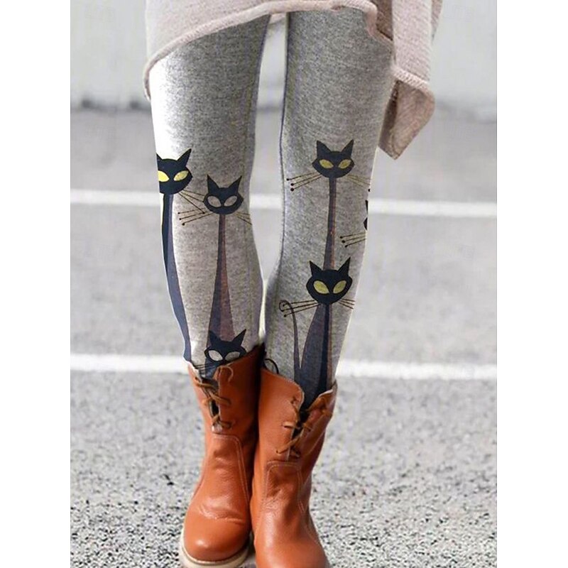 Women's Leggings Vacation Vintage Ethnic Style Ankle-Length High Waist Graphic Animal Cat 3D Print Quick Dry Breathability Soft Stretchy Outdoor Home Causal Black Grey Black White Gray Fall Winter3