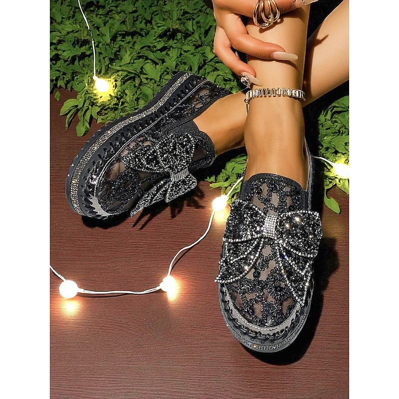 Women's Black Lace Slip-On Shoes with Rhinestone Bow Detailing - Glamorous Nightlife Party Footwear3