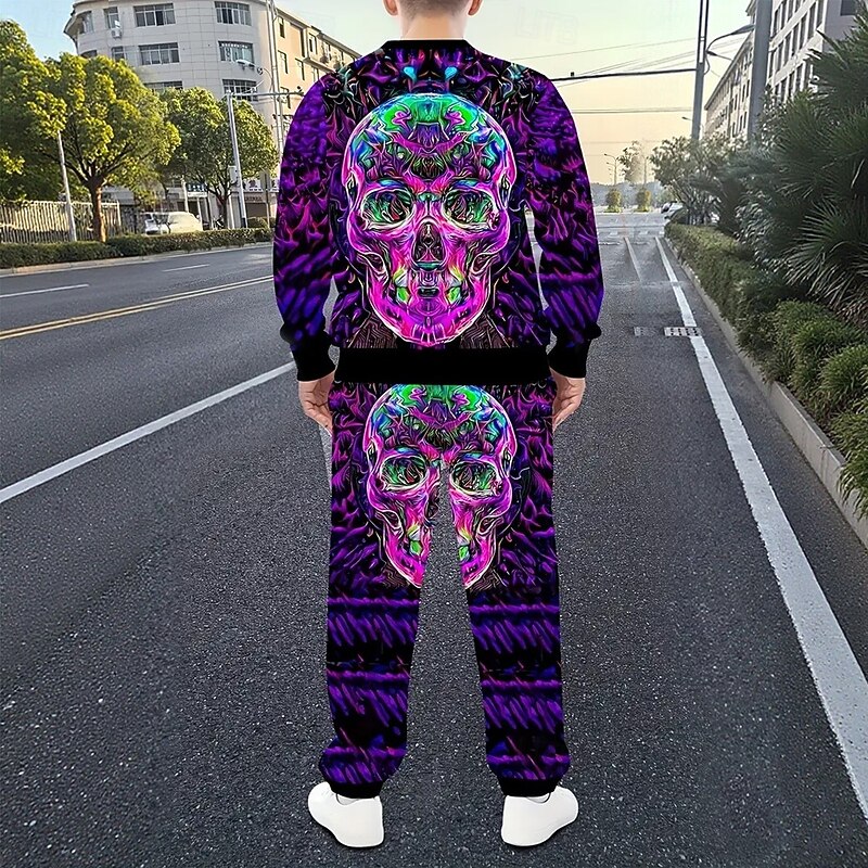 Halloween Men's Skulls 2pcs 3D Sweatshirt Sets Tracksuit Pullover Sweatshirt Long Sleeve Long pants Crew Neck Casual Daily Trendy Street Athleisure 3D Print Spring Fall Winter Purple3