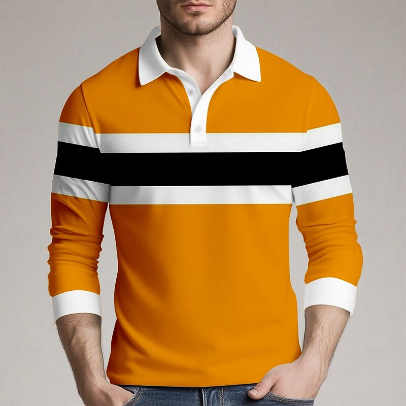 Men's Horizontal Stripes Rugby Polo Long Sleeve Polo Shirts Collared Shirts Sportswear Casual School Outdoor Athleisure 3D Print Spring Fall Winter Blue Orange Green