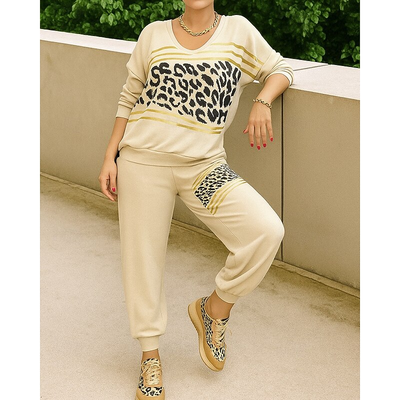 Women's Tracksuit Sweatpants Sportswear Leopard Clothing Suit Fall Black Pink Outdoor Travel Sports Fashion Breathable Long Sleeve Sport Activewear Micro-elastic Loose Fit