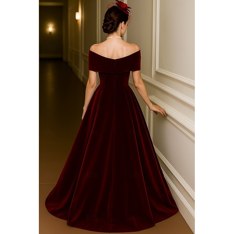 Red Black A-Line Evening Gown Elegant Dress Formal Wedding Floor Length Short Sleeve Off Shoulder Pocket Velvet with Pleats 20252