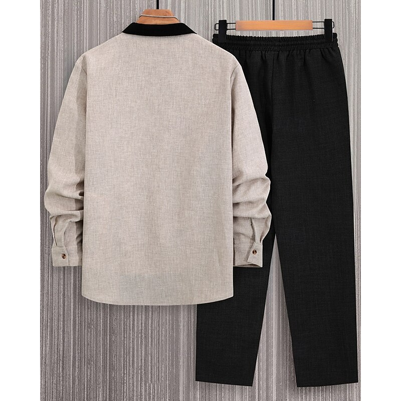 Men's Lightweight Jacket Shirt Jacket Casual Jacket Set Vacation Daily Breathable Pocket 2 Piece Spring Fall Plain Fashion Classic Lapel Regular Khaki Jacket2