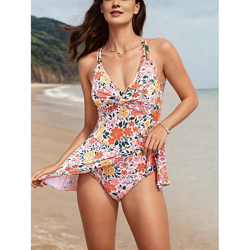 Women's Swimwear Swimdresses One Piece Tankini Swimsuit Backless Tummy Control High Waist Slim Vacation Beach Wear Graphic V Neck Sleeveless Bathing Suits4