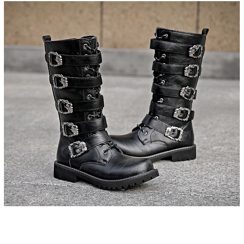 Men's  Knee High Boots with Multi Buckle Straps and Lace-Up Design - Gothic Punk Combat Style Footwear for Urban Casual Wear and Street Fashion4