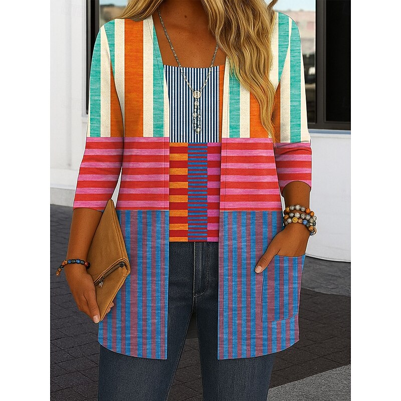 Women's Shrugs Graphic Geometric Abstract Vintage Tropical Stylish Long Sleeve Crew Neck Regular Tops Daily Print Yellow Light Green Red Blue Brown Summer Spring Fall4