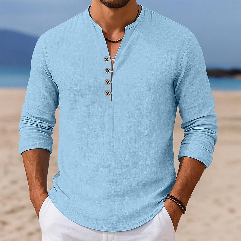 Men's Shirt Linen Shirt Summer Shirt Beach Shirt Solid Color Vacation Casual Black White Green Light Blue Long Sleeve Henley Fall Spring & Summer Clothing Apparel2