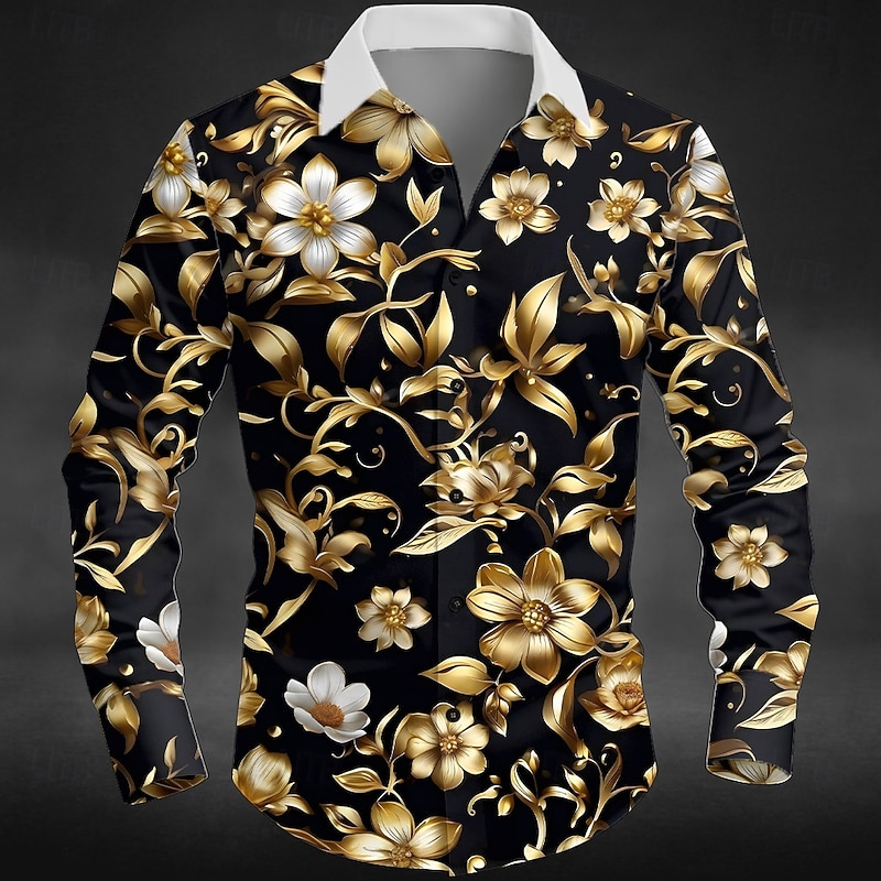 Men's Floral Print Flowers Shirt Button Up Shirt Long Sleeve Vintage Retro Outdoor Casual Holiday Spring Fall Turndown 3D Print Collared Shirts Pink Blue Gold