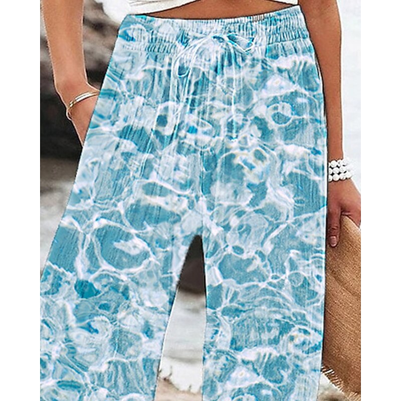 Women's Wide Leg Pants Trousers Palazzo Pants Fashion Boho Full Length High Waist Patterned Drawstring Elastic Waist Print Breathability Comfortable Street Daily Wear Going out Blue Spring Fall2