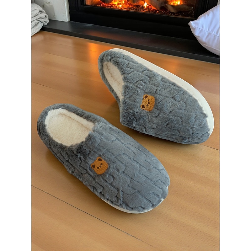 Women's Plush Cartoon Slippers with Bear Embroidered – Soft Cozy Indoor Shoes for Bedroom and Winter Home Use4