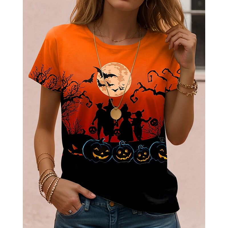 Halloween Women's T Shirt Skulls Graphic Vintage Stylish Classic Short Sleeve Crew Neck Regular Tops Daily Weekend Print Black Red Light Brown Blue Orange Fall Winter2