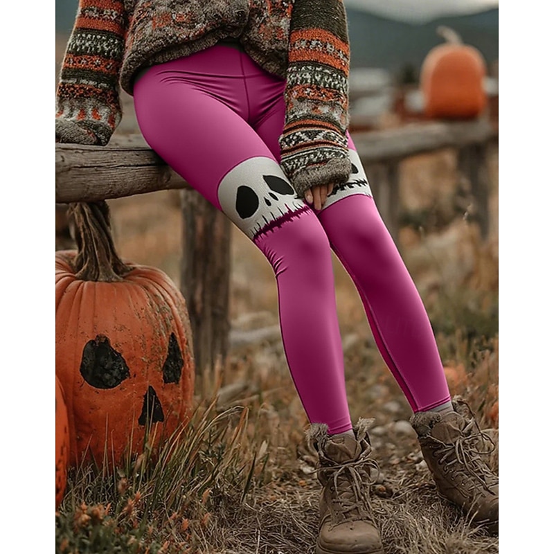 Women's Pants Trousers Leggings Cozy Leggings Streetwear Casual Full Length High WaistPantsHalloween Skull Elastic Waist Print Breathability Comfortable Stretchy Vacation Street Daily Wear Yellow3
