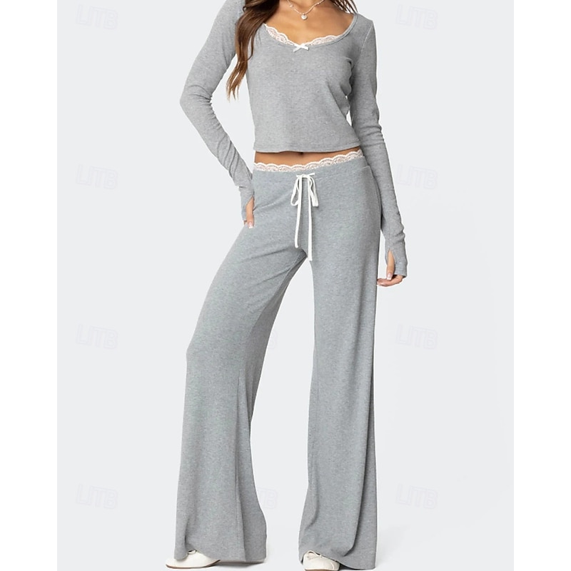 Women's Active Fashion Blouse Pants Sets Long Sleeve V Neck Color Block Lace Patchwork Outdoor Going out Black Pink Light Grey Fall Regular Fit