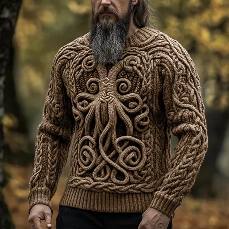 Men's Viking Pullover Sweater Jumper Knitwear Crewneck Retro Vintage Casual Vacation Street Daily 3D Print Knitting Keep Warm Long Sleeve Spring Fall Winter Black Blue Brown2