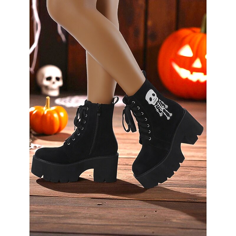 Women's Gothic Black Suede Platform Boots - Skeleton Embroidery Lace-Up Chunky Heel Ankle Boots for Halloween, Fall Cosplay & Party Wear2