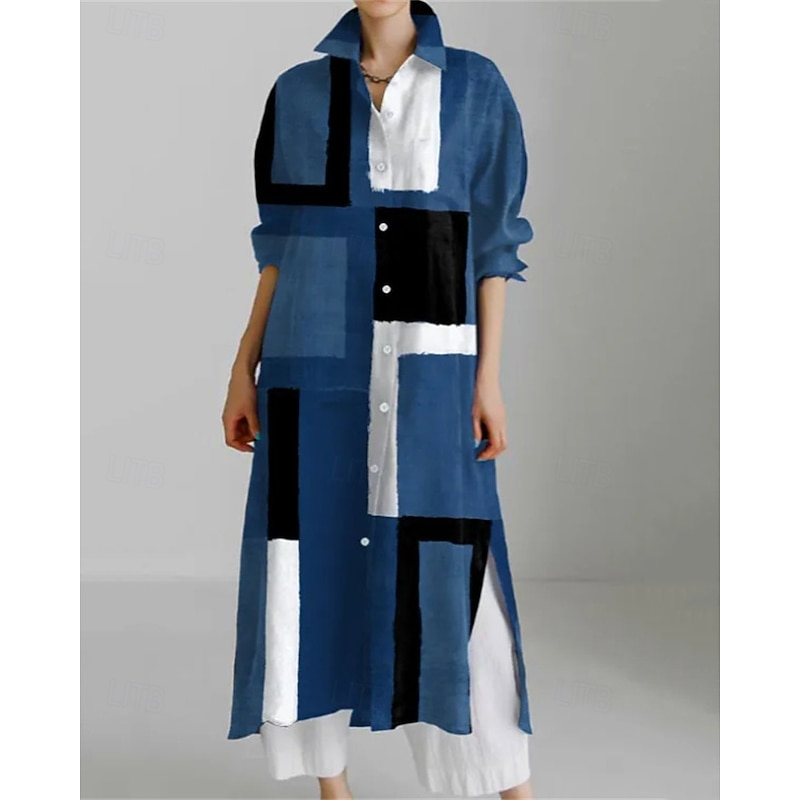 Women's Long Dress Maxi Dress Shirt Dress Casual Dress Print Dress Fashion Modern Daily Weekend Regular Fit Geometric Flower Long Sleeve Shirt Collar Yellow Blue Khaki Dark Blue Spring Fall