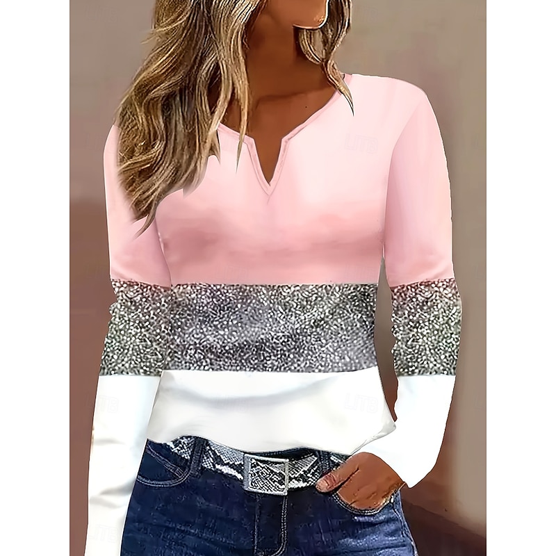 Women's T Shirt Graphic Geometric Color Block Vintage Stylish Classic Long Sleeve V Neck Notched Neck Regular Tops Daily Weekend Print Pink Spring Fall Winter