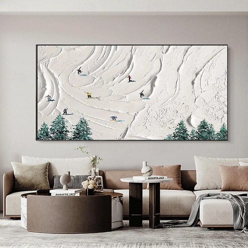 Handmade 3D Oil Painting Skiing Scene with Snow-Covered Mountains Pine Trees Vibrant Colors Rich Textures Detailed Brushstrokes Realistic Shading for Home Decor4