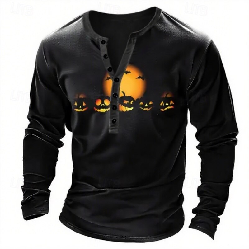 Men's Halloween Graphic Pumpkin T Shirt Henley Shirt Tee Long Sleeve Vintage Designer Stylish Outdoor Casual Daily Fall Spring & Summer Black Henley Henley T-Shirt