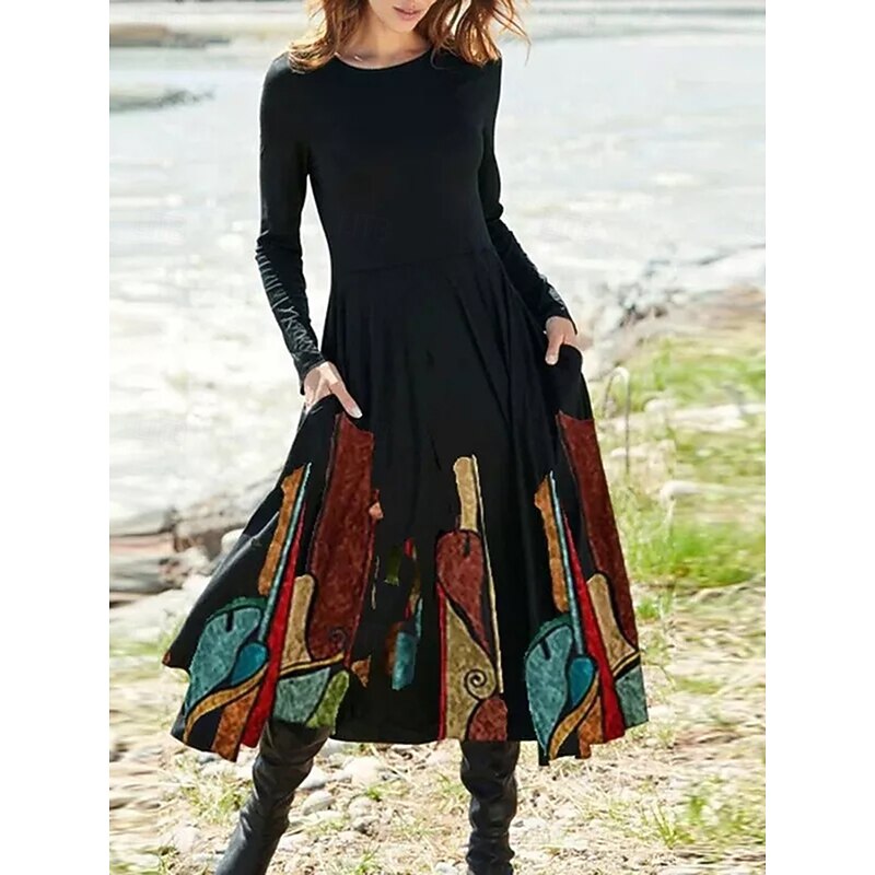 Women's Midi Dress A Line Dress Fit And Flare Dress Vacation Casual Boho Party Daily Going out Regular Fit Floral Graphic Long Sleeve Crew Neck White Red Beige Summer Spring Fall Winter2