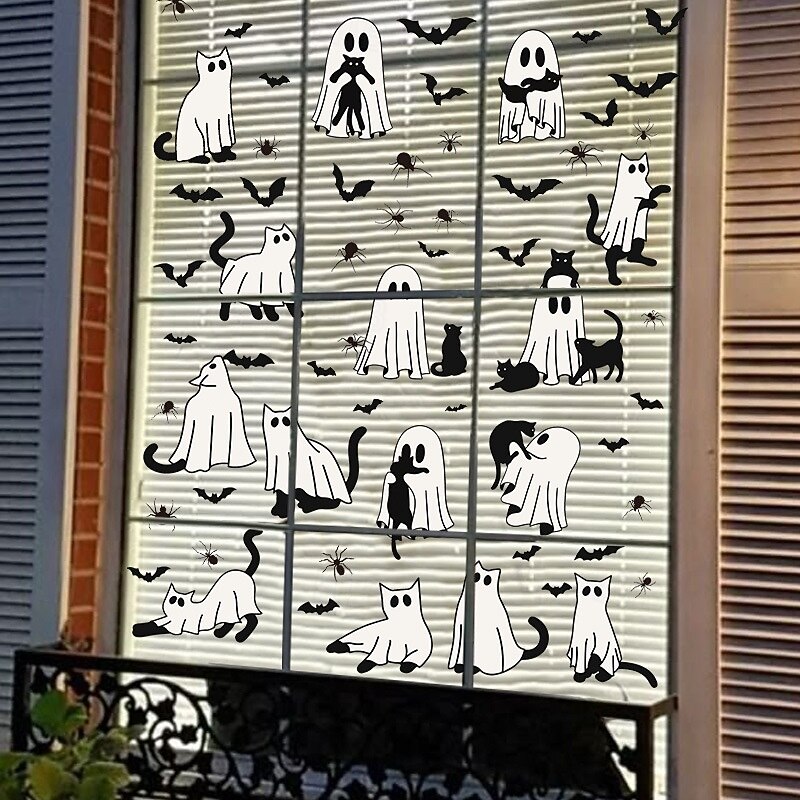 6 Sheet Halloween Ghost Window Clings, Cute White Ghosts, Black Cats, Bats, Spiders Static Glass Stickers, Removable Holiday Party Window Decorations4
