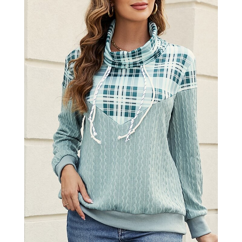 Women's Pullover Sweatshirt Plaid Streetwear Casual Long Sleeve Turtleneck Regular Tops Street Holiday Patchwork Pink Green Dark Gray Fall2