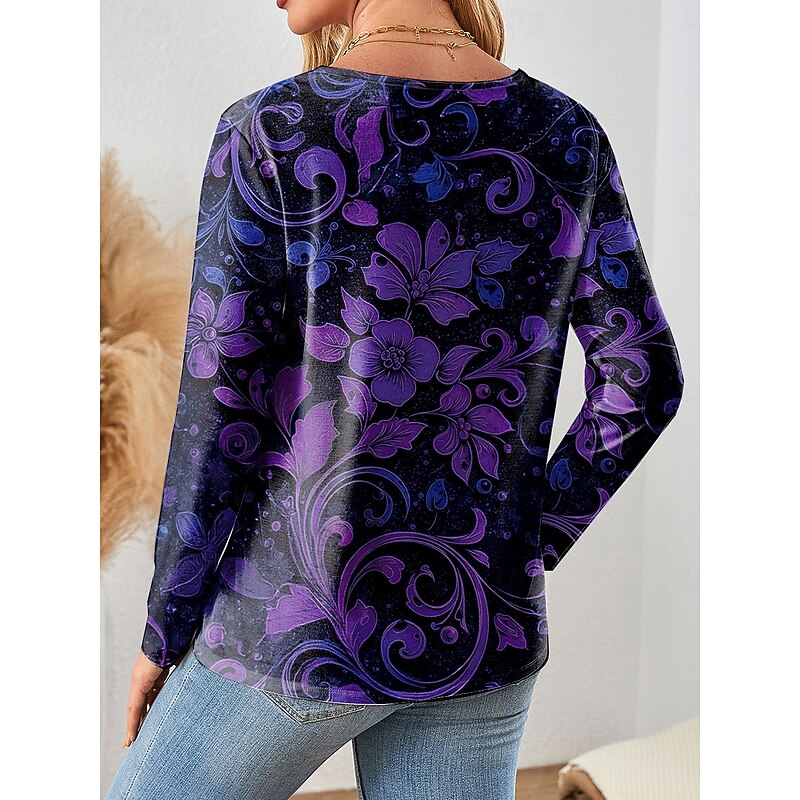 Women's T Shirt V Neck Long Sleeve Tunic Floral Graphic Plants Vintage Stylish Classic Regular Tops Daily Print Blue Purple Orange Spring Fall2