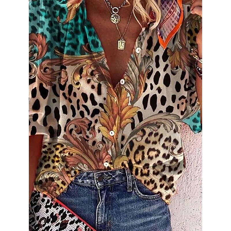 Women's Bohemia Vintage V Neck 3/4 Length Sleeve Graphic Leopard  Daily  Regular Tops Daily Beach Wear Print Maroon Summer Spring Fall3