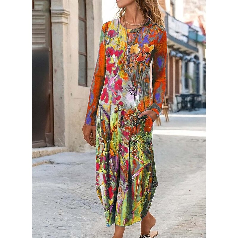 Women's Midi Dress Sheath Dress T Shirt Dress Tee Dress Vacation Casual Daily Regular Fit Floral Graphic Long Sleeve Crew Neck Blue Purple Orange Green Spring Fall Winter Autumn4
