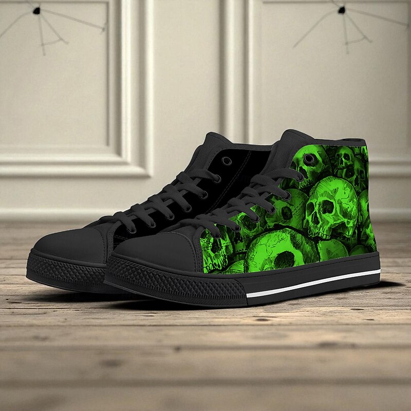 Men's Green Skull Print High Top Sneakers – Gothic Punk Style Canvas Shoes for Halloween Party, Clubbing and Daily Streetwear3