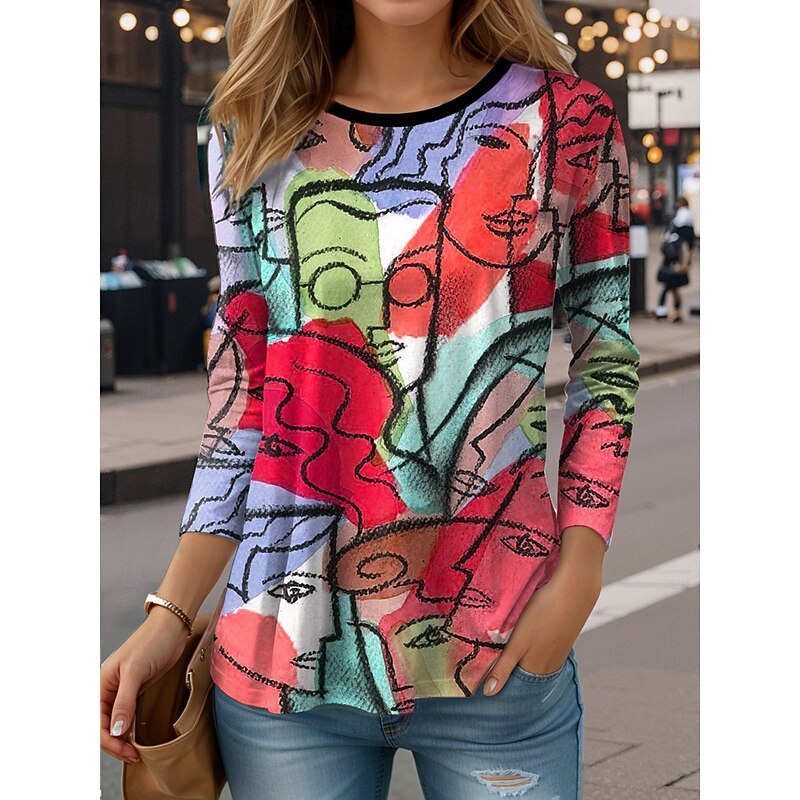 Women's T Shirt Graphic Abstract Vintage Stylish Casual Long Sleeve Crew Neck Regular Tops Daily Print Yellow Red Purple Green Spring Fall2