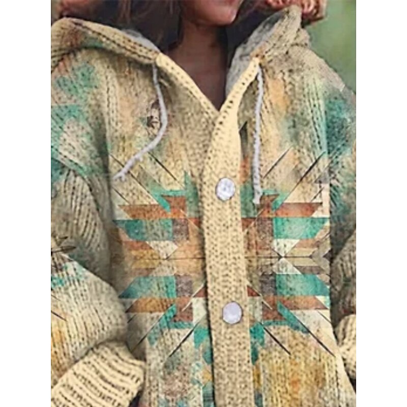 Women's Cardigan Vacation Vintage Daily Graphic Geometric Color Block Ribbed Hooded Knitted Print Front Pocket Long Sleeve Regular Tops Knit Outdoor Daily Holiday Khaki Beige Fall Winter3