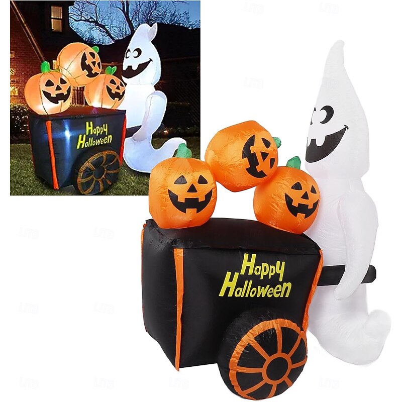 1 Pc 1.8M/6FT Halloween Ghost Pumpkin Cart with Inflatable Air Model Indoor and Outdoor Courtyard Lawn Party Halloween Festival Atmosphere Decorative Light EU/US/UK/AU Plug4