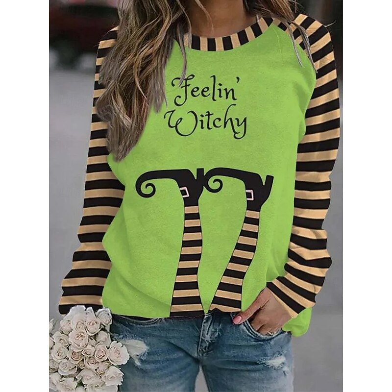 Halloween Women's Pullover Sweatshirt Witch Graphic Fashion Casual Long Sleeve Crew Neck Regular Tops Street Dailywear Print Black Yellow Orange Green Fall Winter