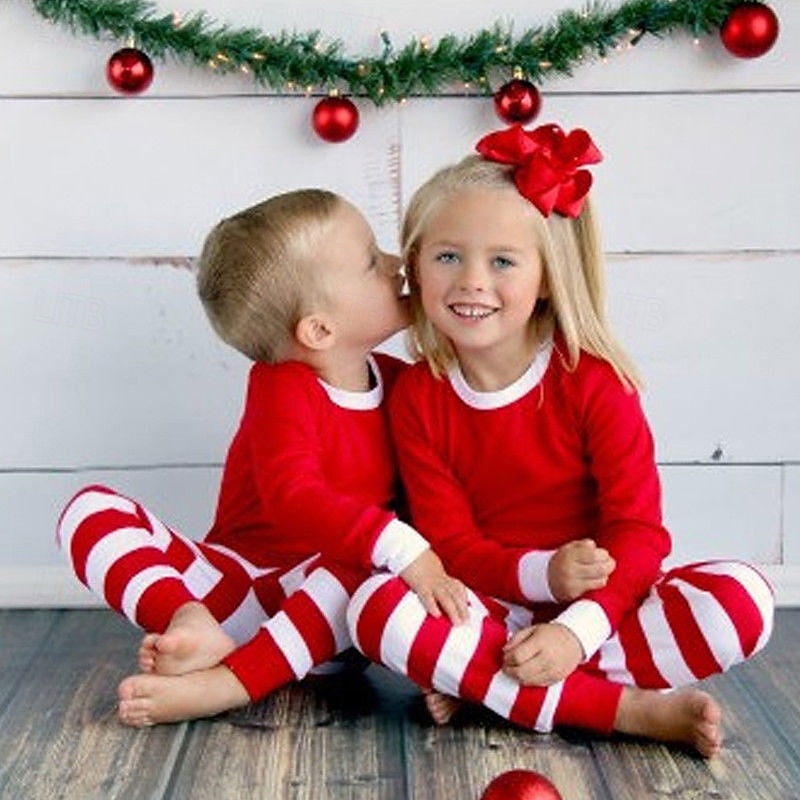 Family Pajamas Striped Home Print White Red Green Long Sleeve Active Matching Outfits2