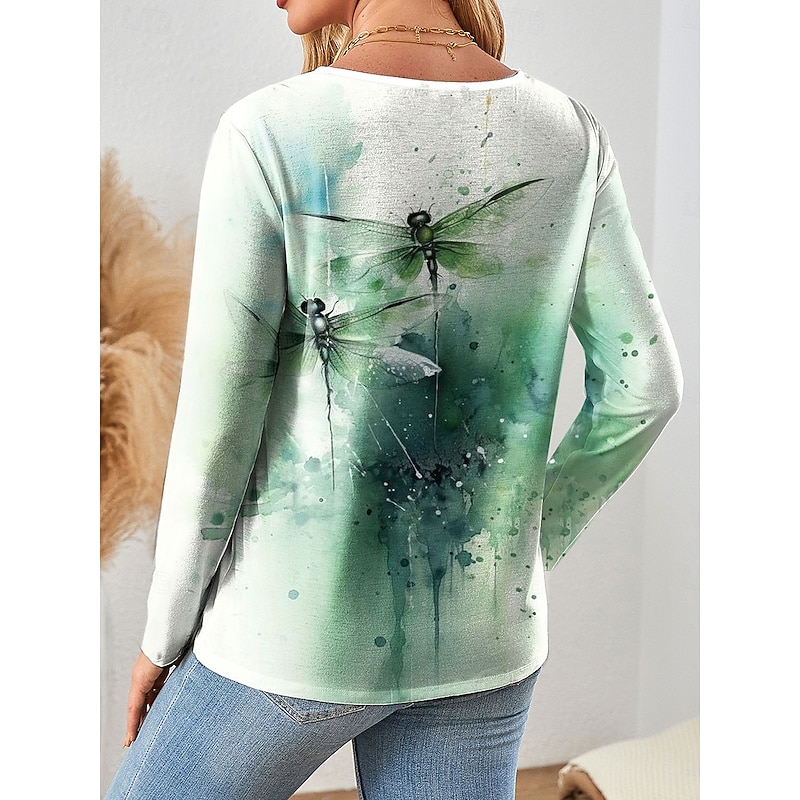 Women's T Shirt Graphic Letter Dragonfly Vintage Stylish Classic Long Sleeve V Neck Regular Tops Daily Cut Out Print Blue Purple Green Spring Fall2