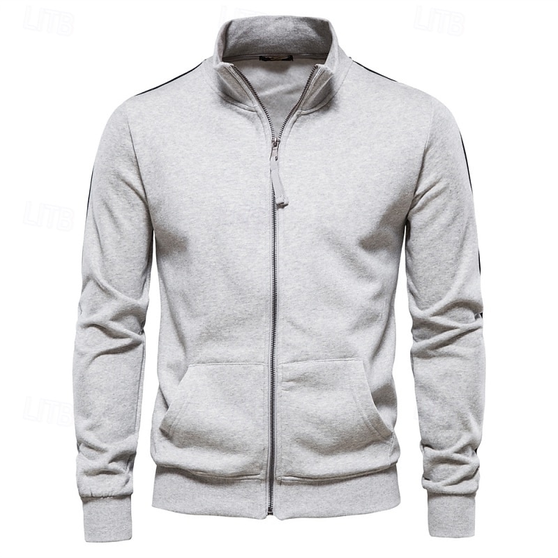 Men's Sweatshirt Full Zip Sweatshirt Black Navy Blue Khaki Light Grey Dark Gray High Neck Plain Patchwork Sports & Outdoor Casual Daily Streetwear Cool Sportswear Spring &  Fall Clothing Apparel4