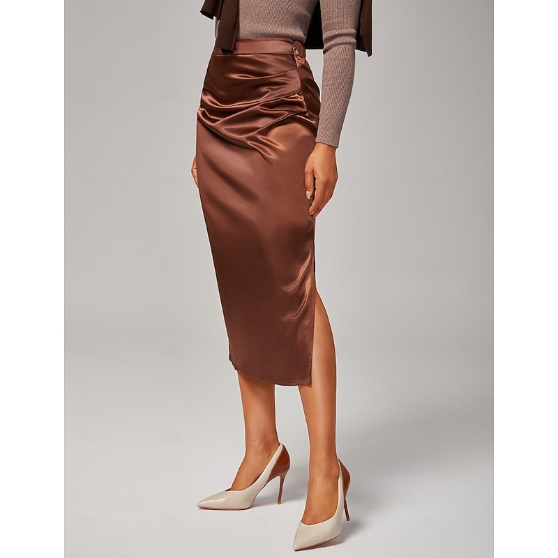 Women's Stretch Pearlescent Satin Elastic Waist Midi Skirt Elegant Office & Party Wear