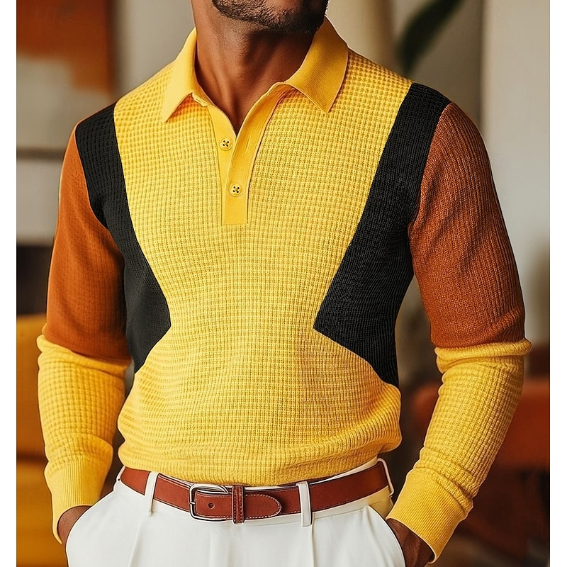 Men's Waffle Polo Shirts Polo Shirts Casual Sports Lapel Long Sleeve Fashion Basic Color Block Patchwork Color Block Fall Winter Spring &  Fall Regular Fit Yellow Waffle Polo Shirts
